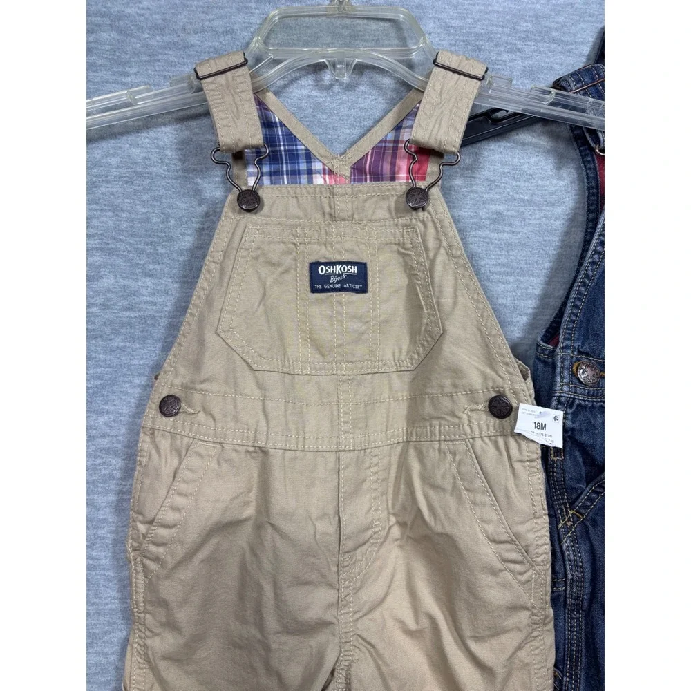 OshKosh Bgosh Toddler Boys Overalls Lot 2 18M Denim Flannel Lined Khaki Plaid